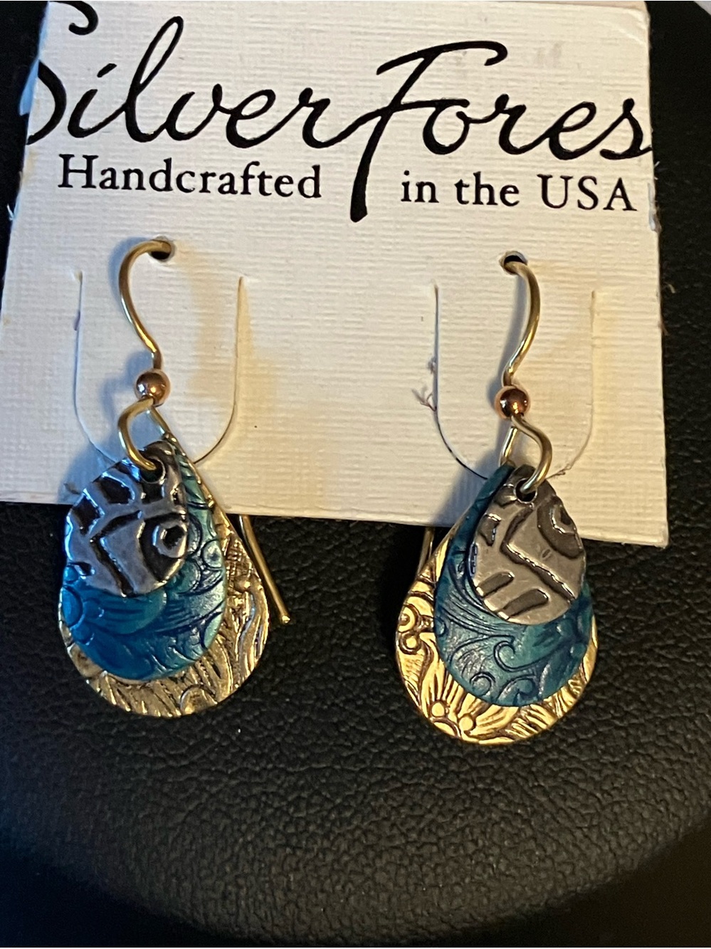 🌸Silver Forest Blue & Gold Handcrafted Teardrop Earrings